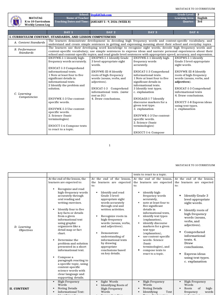 Grade 3 English Weekly Lesson Plan | PDF | Word | Curriculum