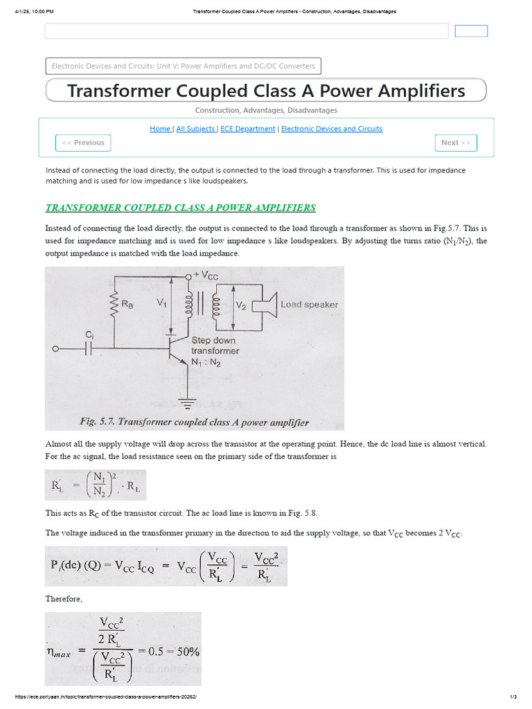 Transformer Coupled Class A Amplifiers | PDF | Amplifier | Transformer