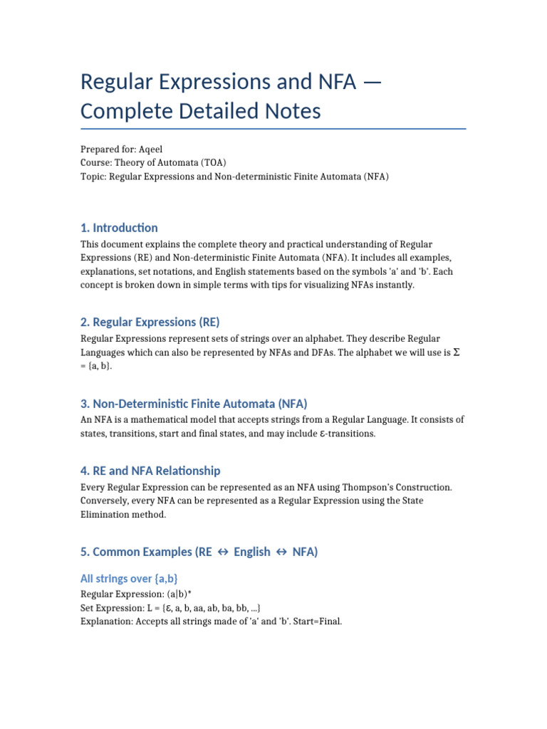 Regular Expressions and NFA Complete Detailed Notes | PDF | String ...