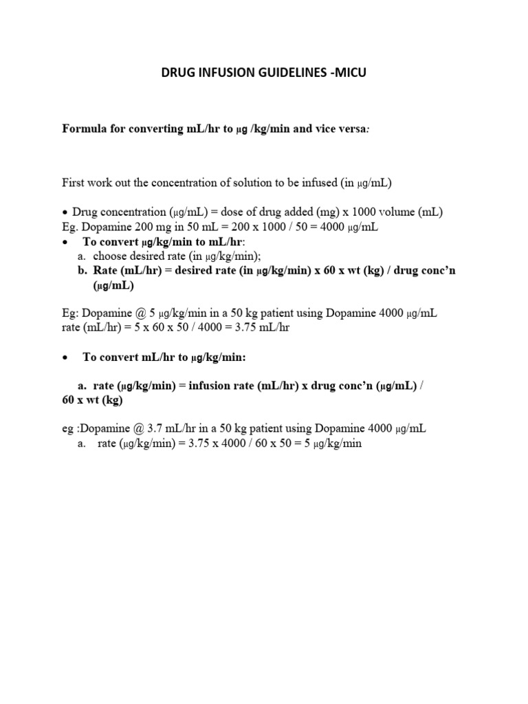 MICU Drug Infusion Guidelines | PDF | Intravenous Therapy | Ischemia