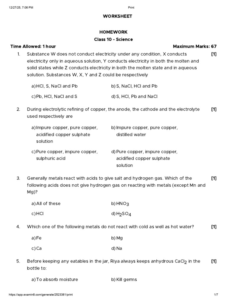 Class 10 Science Chemistry Worksheet | PDF | Metals | Aluminium