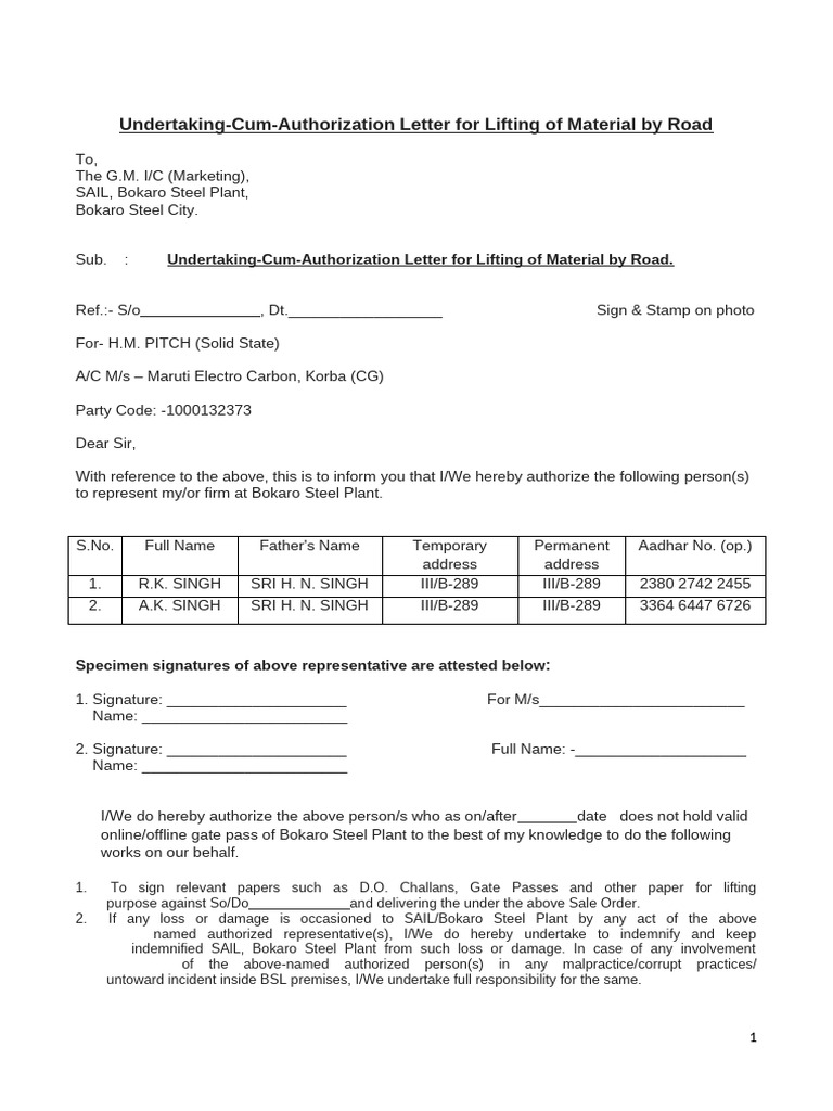 Authorization Letter for Material Lifting | PDF | Safety | Employment