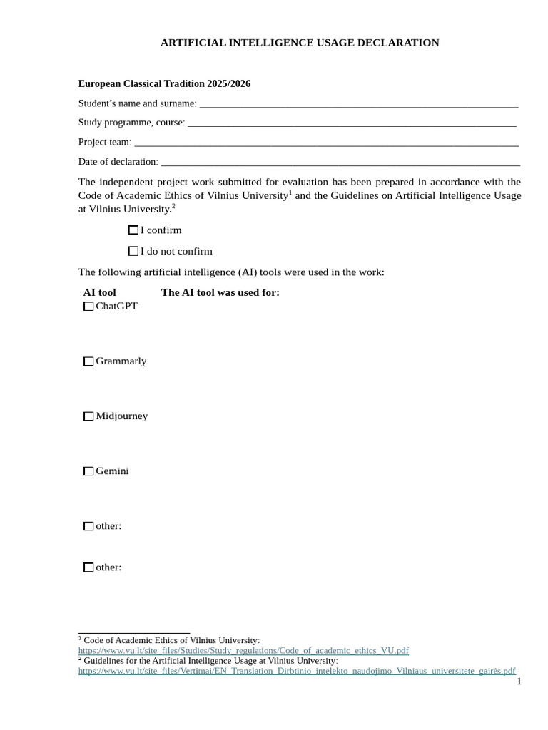 AI Usage Declaration for Students | PDF