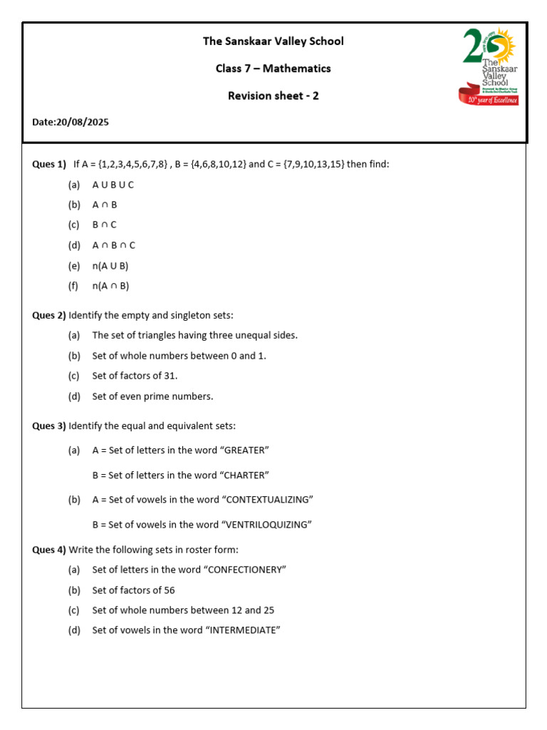Class 7 Mathematics Revision Sheet | PDF | Mathematics