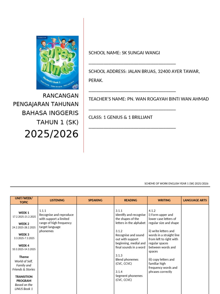 Annual English Teaching Plan Year 1 | PDF | English Language | Word