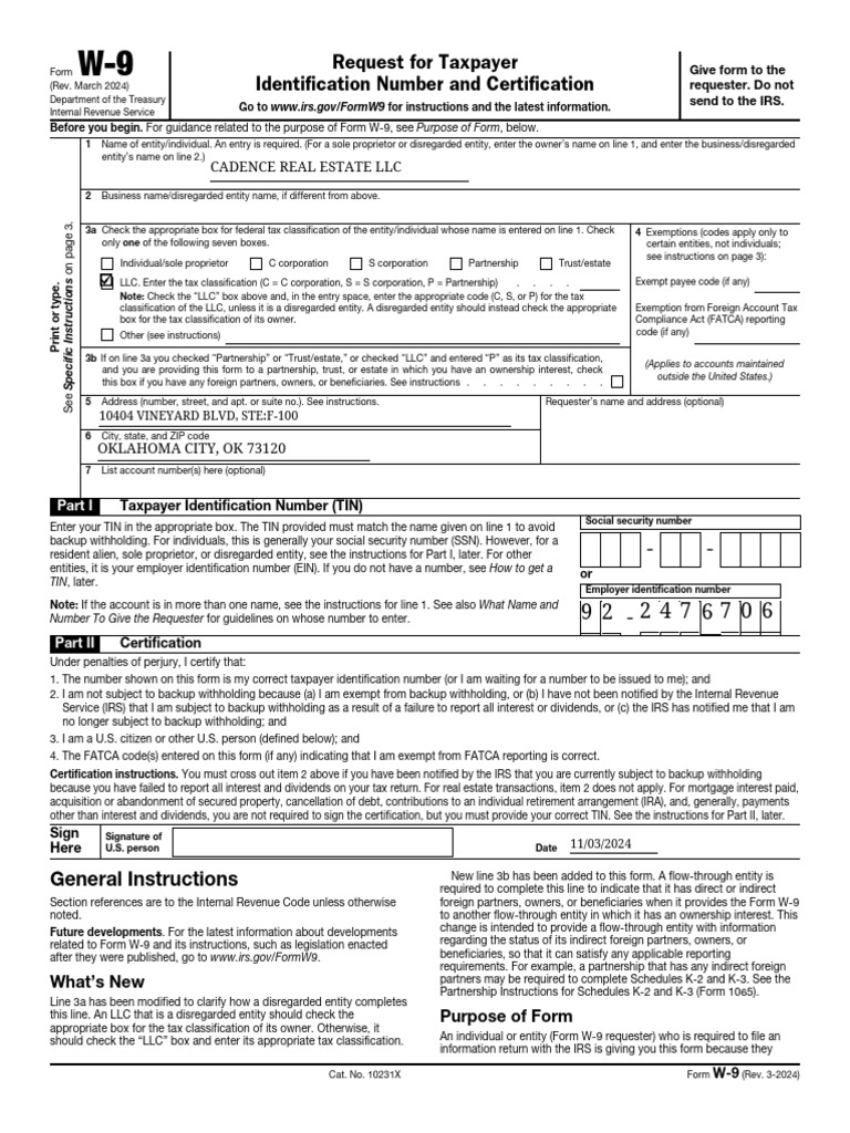 Cadence Irs W-9 Form (324) (1) | PDF | Limited Liability Company ...