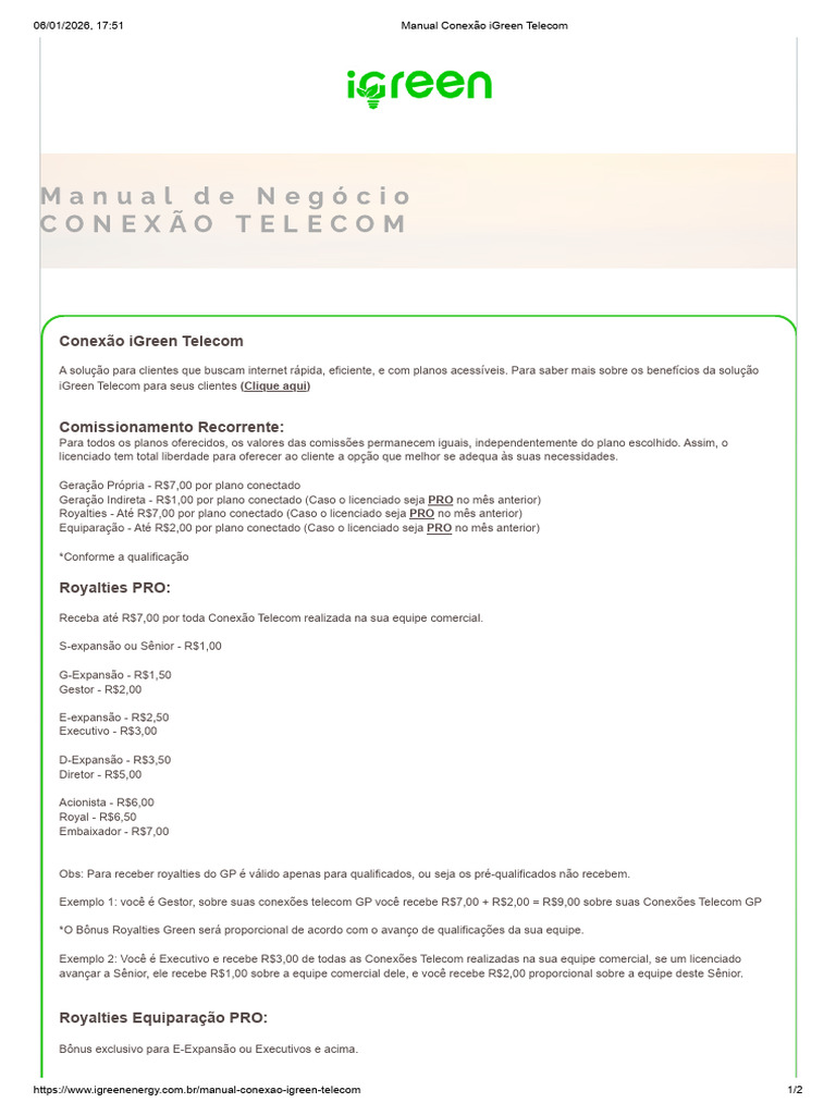 Manual de Comissionamento iGreen Telecom | PDF