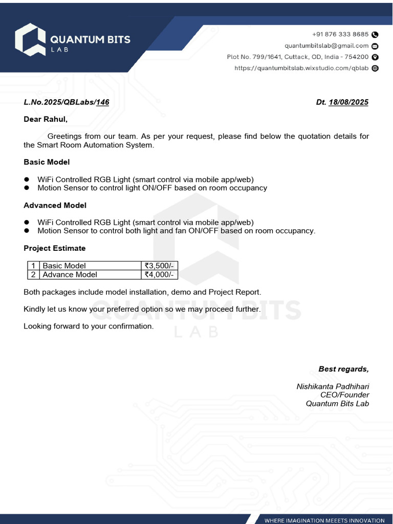 Smart Room Automation Quotation | PDF