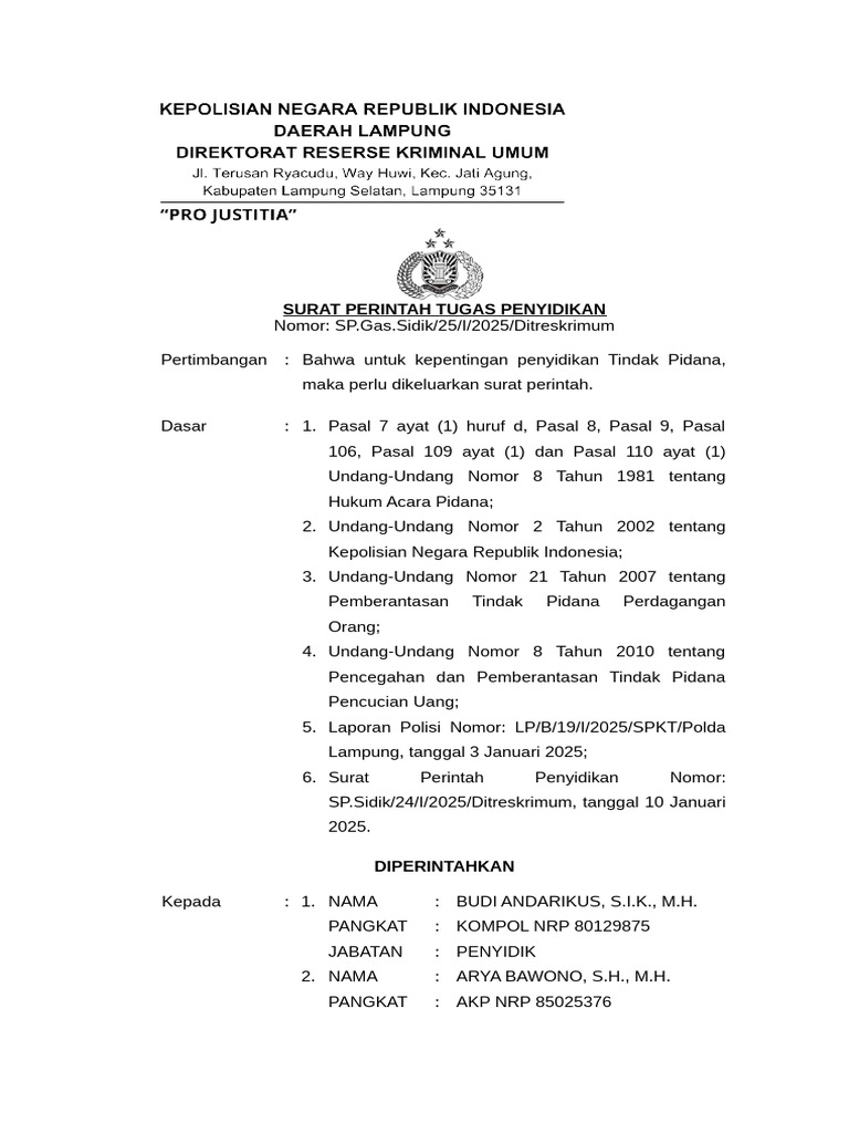 Surat Perintah Penyidikan Tindak Pidana | PDF