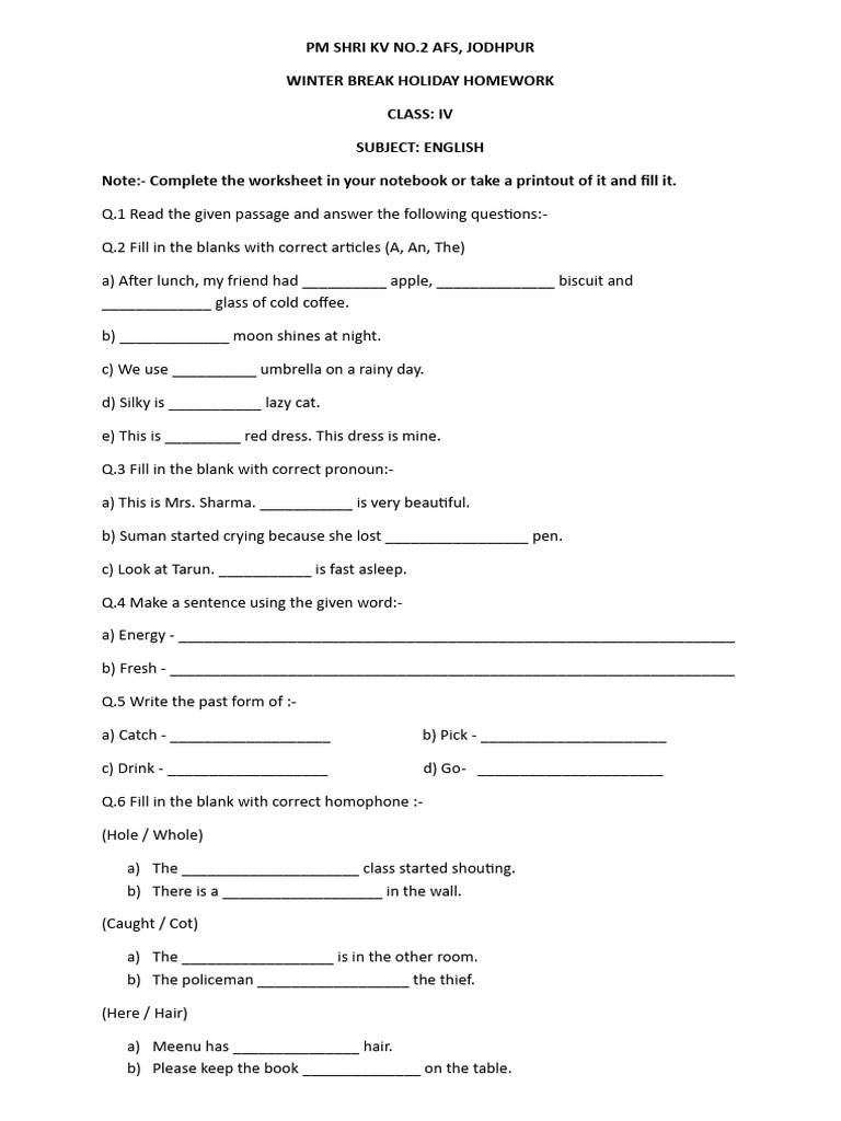 Class IV Winter Break Homework 2025-26 | PDF | Waste | Reuse