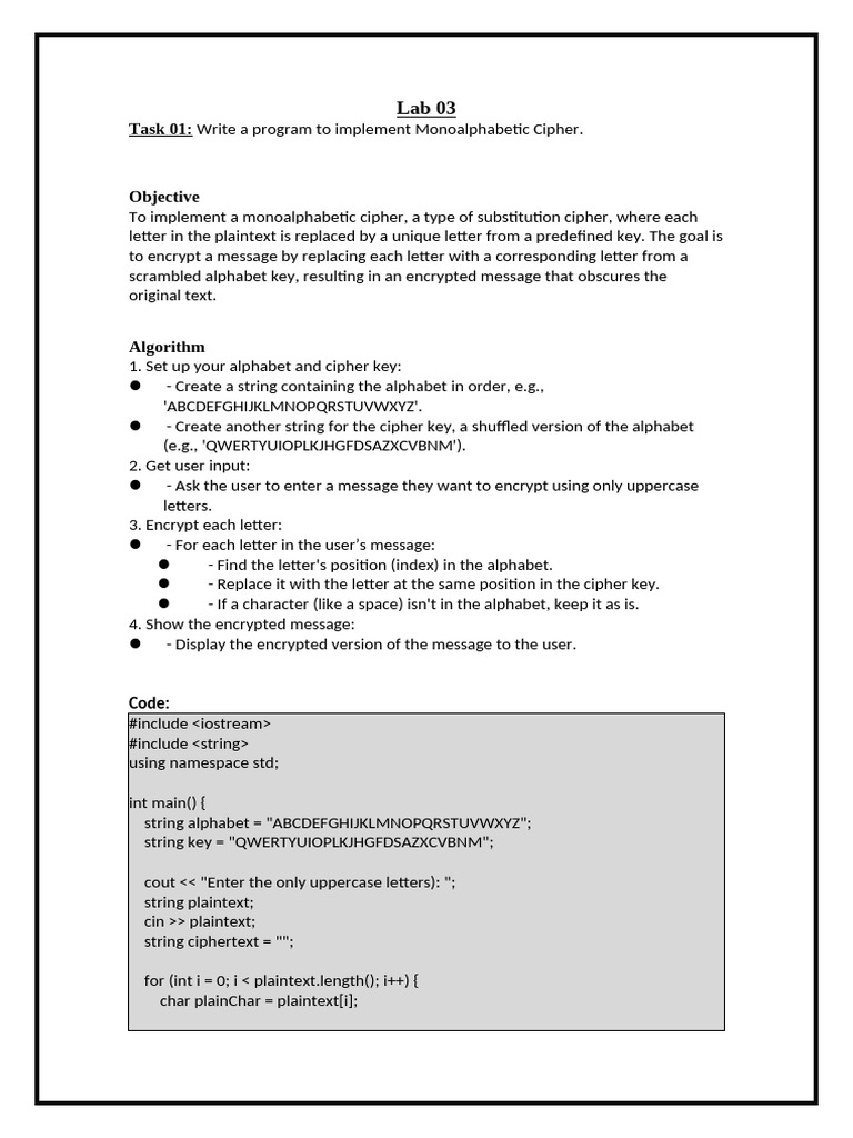 Lab 03 - Monoalphabetic Cipher | PDF | Cipher | Encryption
