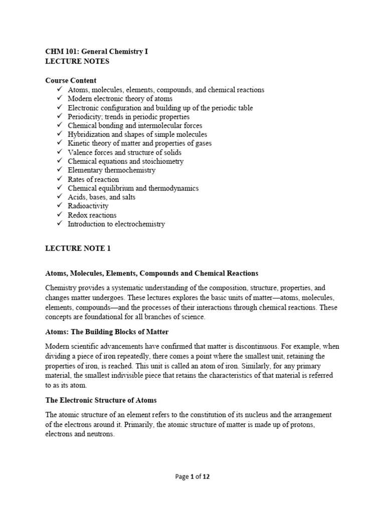 General Chemistry I Lecture Notes | PDF | Atoms | Molecules