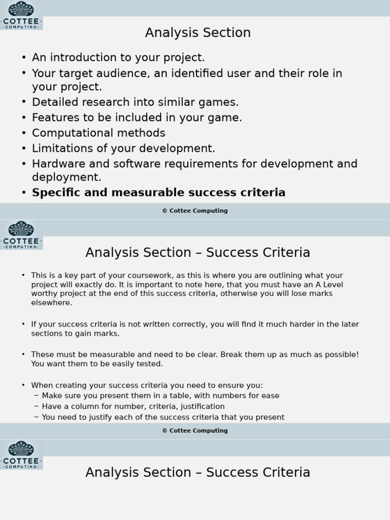 Game Development Success Criteria Guide | PDF | Computing