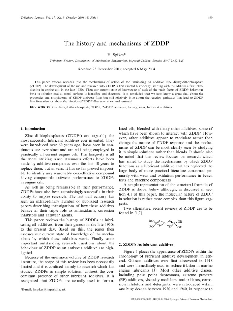 History and Mechanisms of ZDDP | PDF | Adsorption | Motor Oil