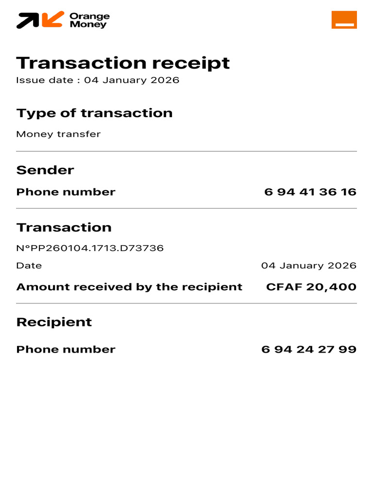 Money Transfer Receipt - Jan 2026 | PDF