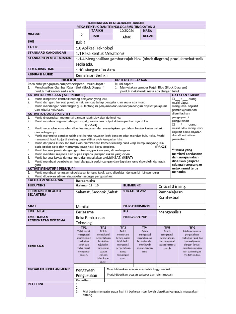 Rancangan Pengajaran Mekatronik SMK | PDF