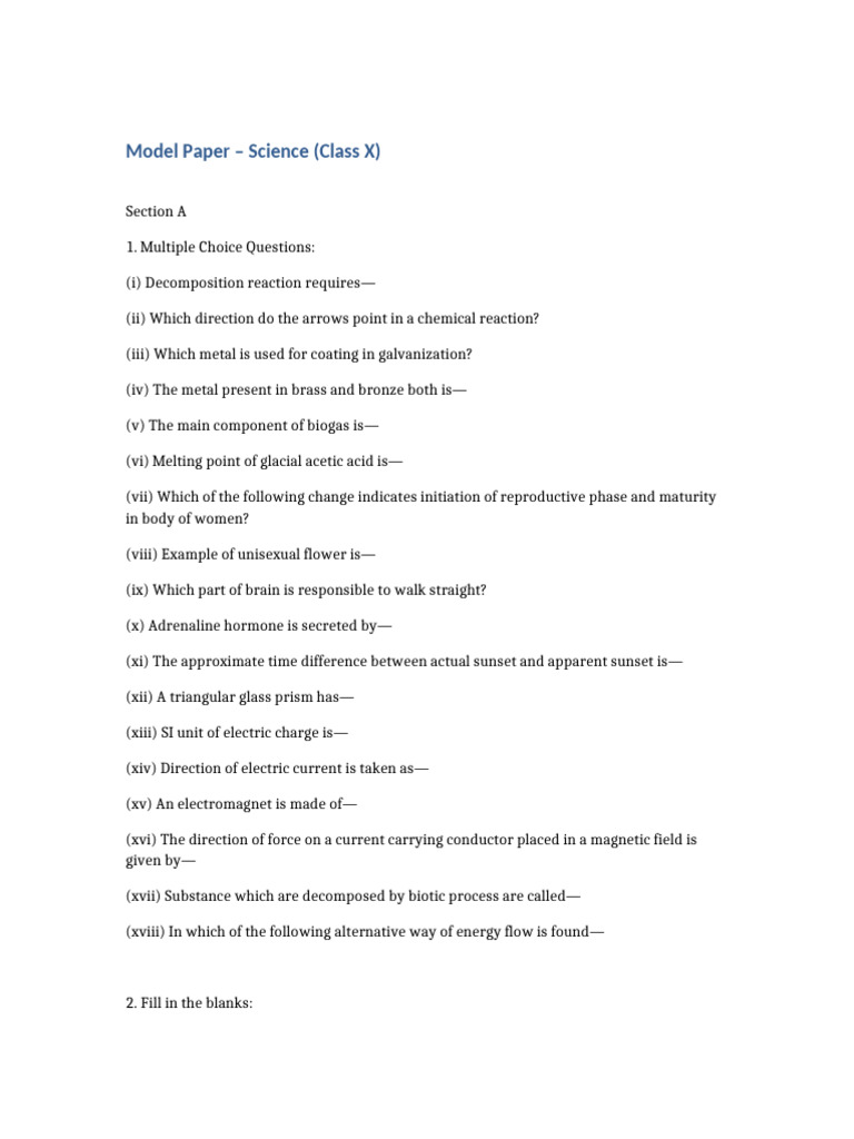 Class X Science Model Paper | PDF | Magnetic Field | Chemistry