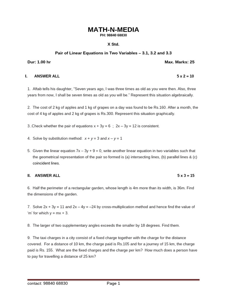Pair of Linear Equations 3 1 3 2 and 3 3 | PDF