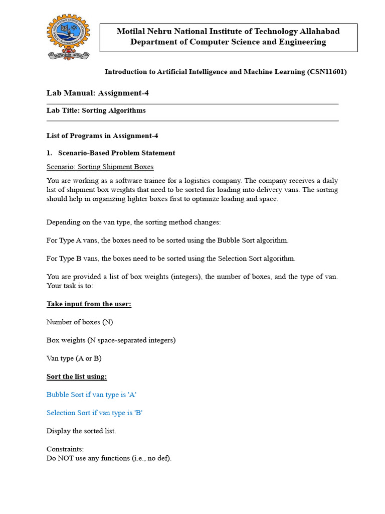 Sorting Algorithms Lab Manual | PDF | Artificial Intelligence ...