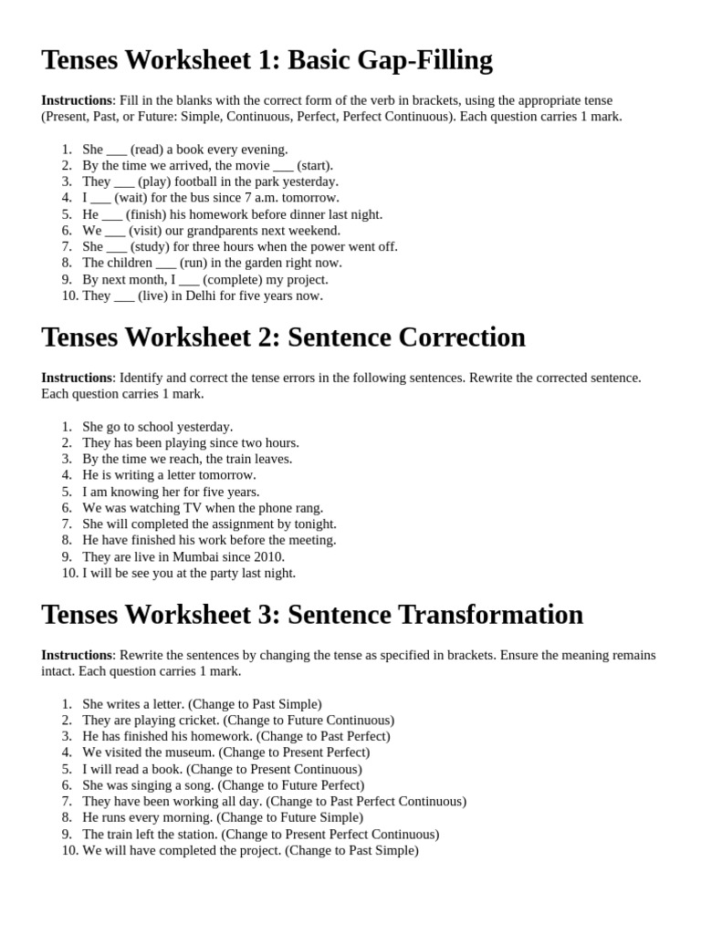 Tenses Practice Worksheets for Students | PDF | Perfect (Grammar ...