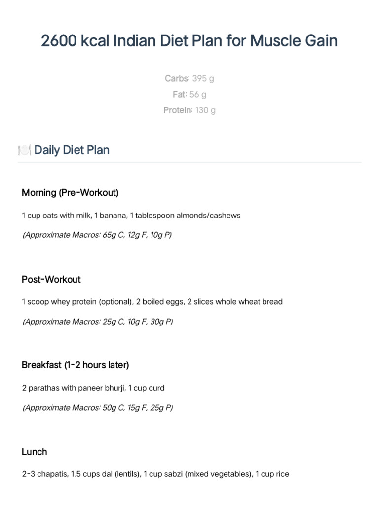 2600 Kcal Indian Muscle Gain Diet Plan | PDF | Foods | Chickpea