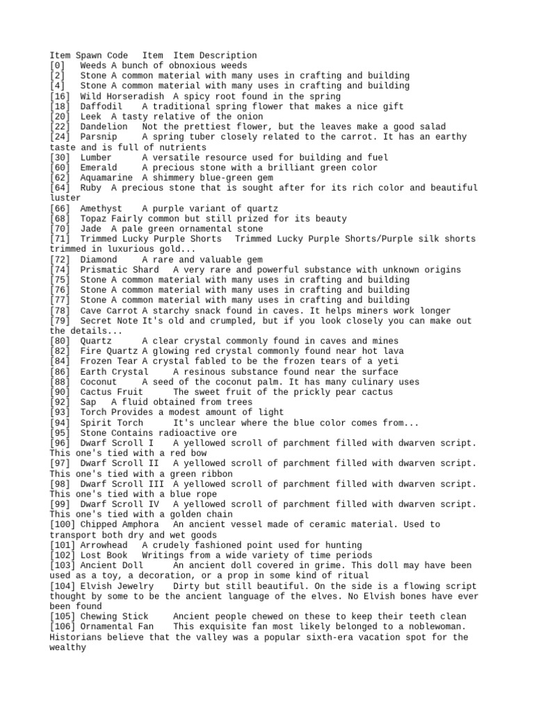 Comprehensive Item Spawn Codes Guide | PDF | Gemstone | Fruit