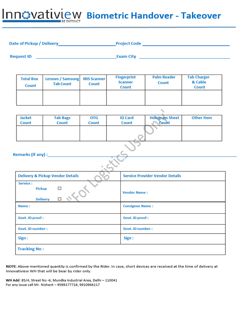 Biometric Equipment Handover Checklist | PDF
