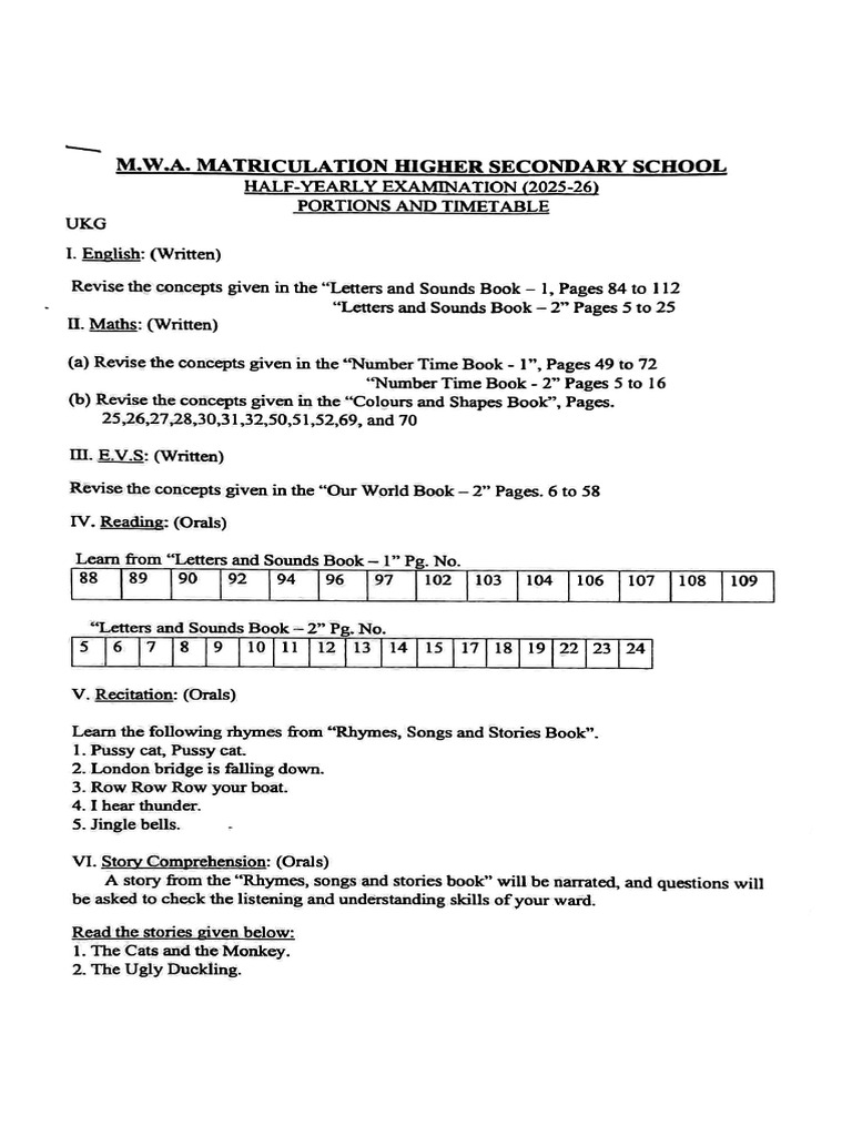 Ukg Portions and Timetable Half Yearly | PDF