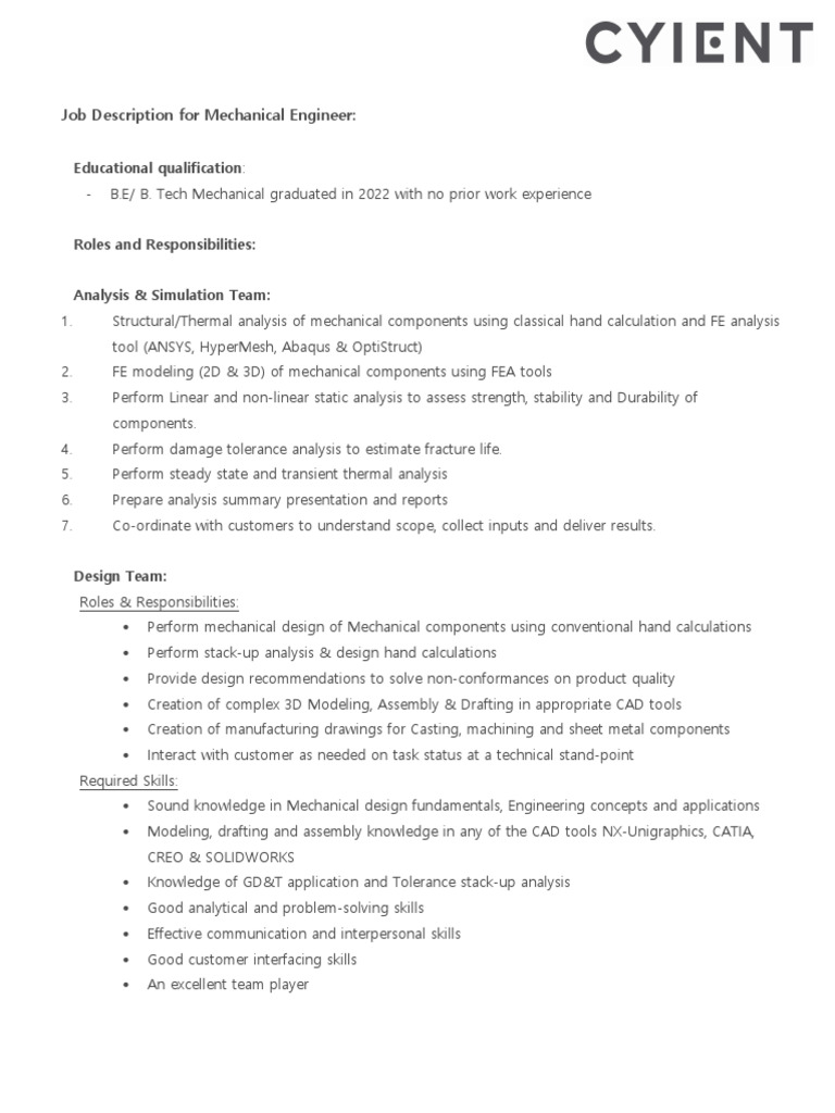 Mechanical Engineer Job Description 2022 | PDF | Computer Aided Design ...