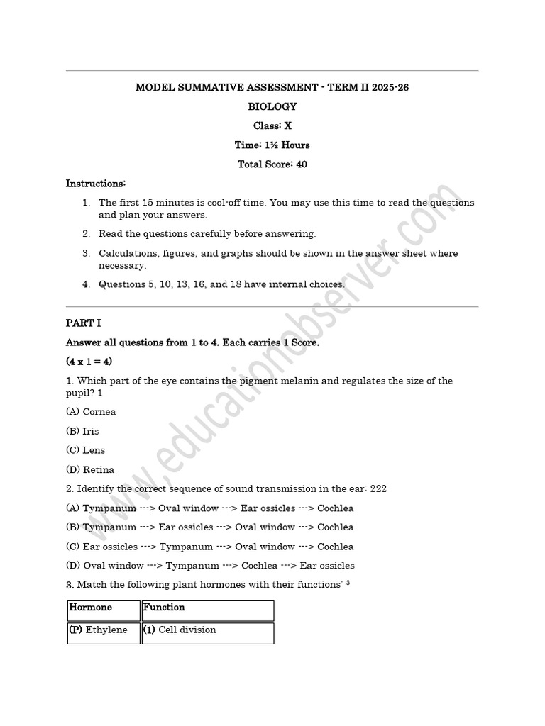 SSLC Second Term Model Question Paper- Biology | PDF | Pituitary Gland ...