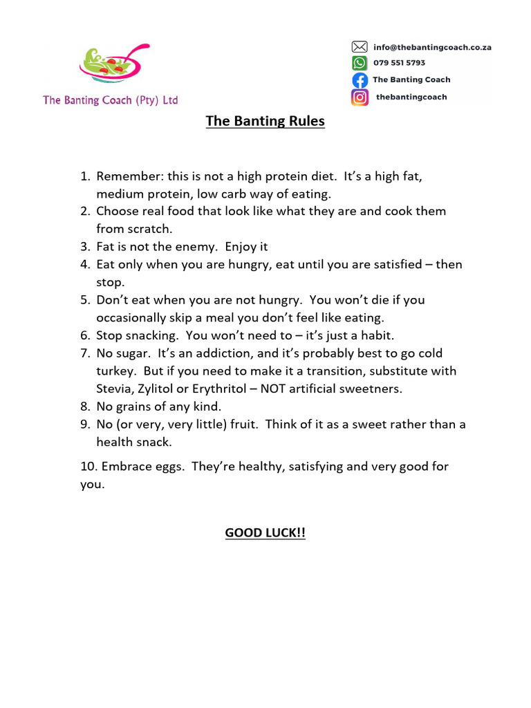 Banting Diet Rules for Healthy Eating | PDF