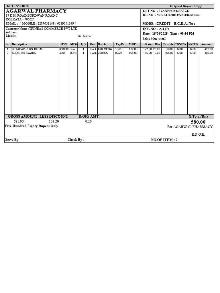 Agarwal Pharmacy GST Invoice A-1176 | PDF