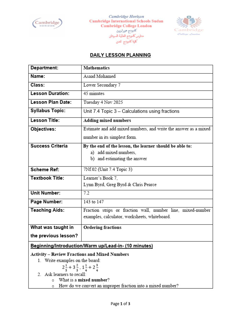 Adding Mixed Numbers Lesson Plan | PDF | Learning