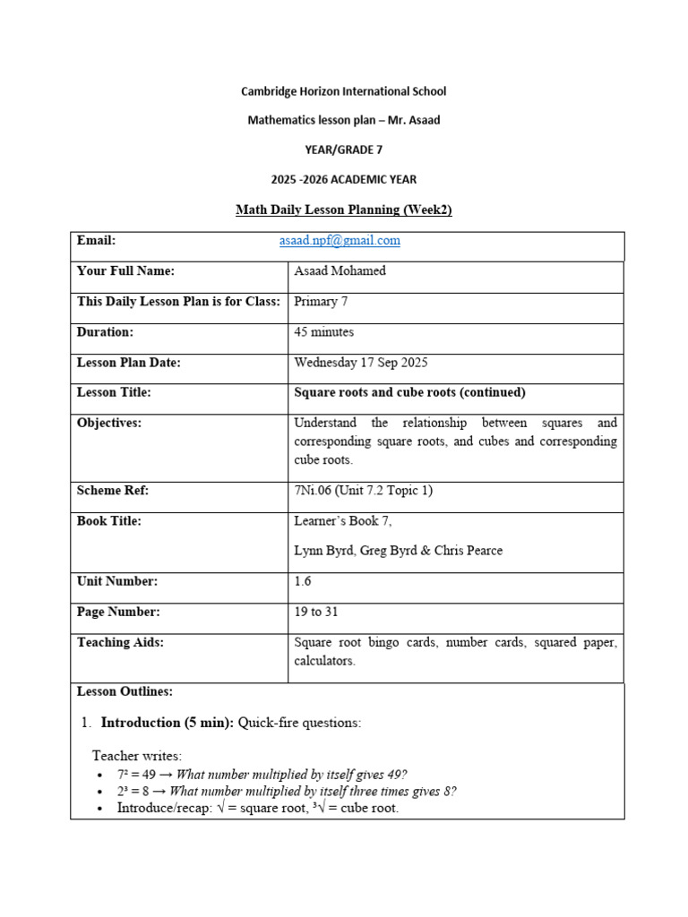 Grade 7 Math Lesson Plan: Roots | PDF | Square Root | Numbers