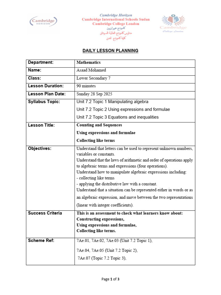 Daily Math Lesson Plan for Algebra | PDF | Algebra | Numbers
