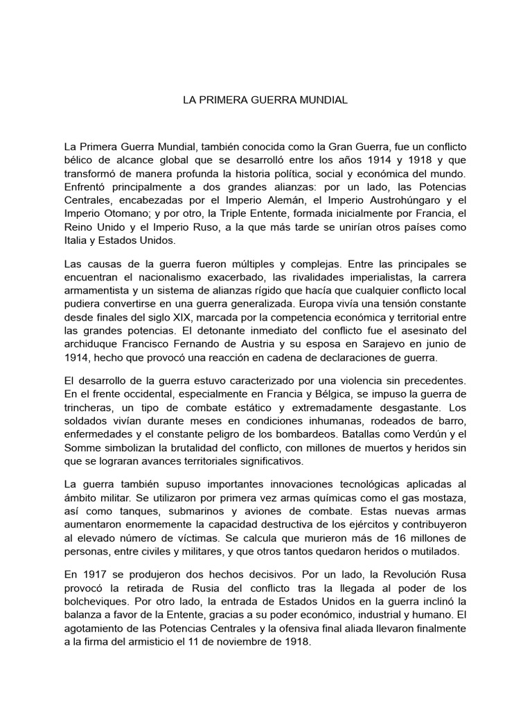 Causas y Consecuencias de la Primera Guerra Mundial | PDF | Primera ...