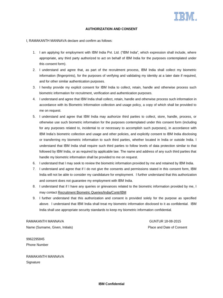 IBM Biometric Consent Form for Employment | PDF | Biometrics | Consent
