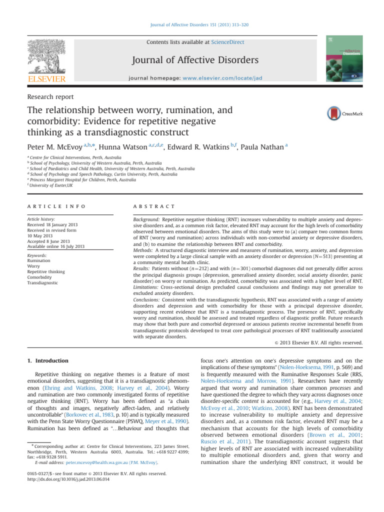 Worry, Rumination, and Comorbidity Insights | PDF | Mental Disorder ...