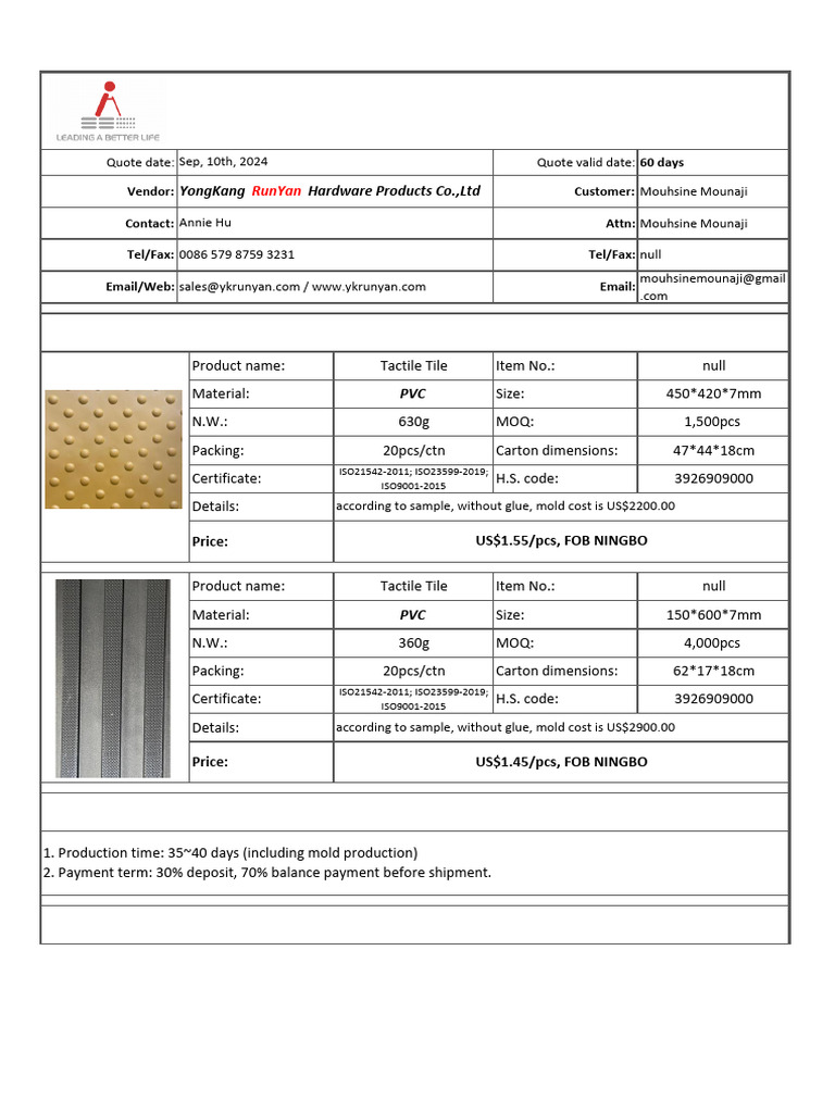 Tactile Tile Quote and Details | PDF