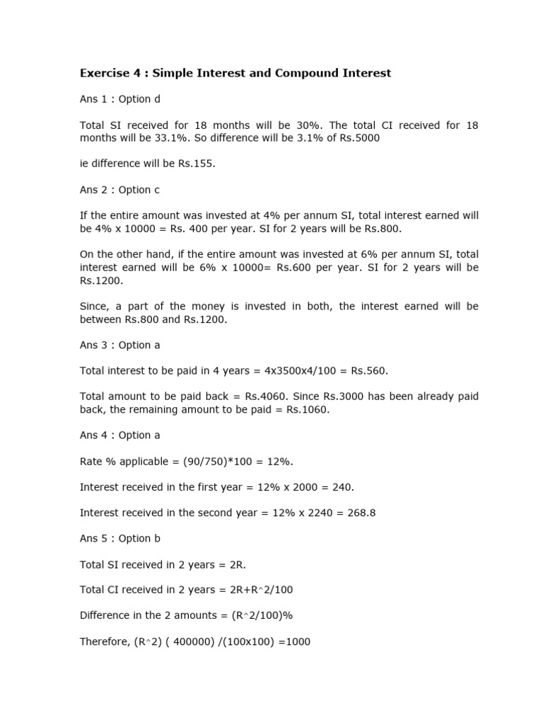 Answers SI and CI Practice Exercise 1 | PDF | Interest | Banking