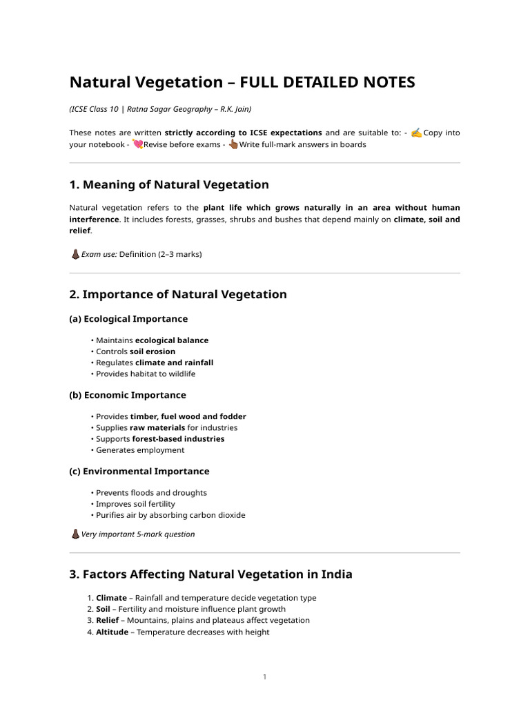 Natural Vegetation Notes for ICSE Class 10 | PDF | Forests | Trees