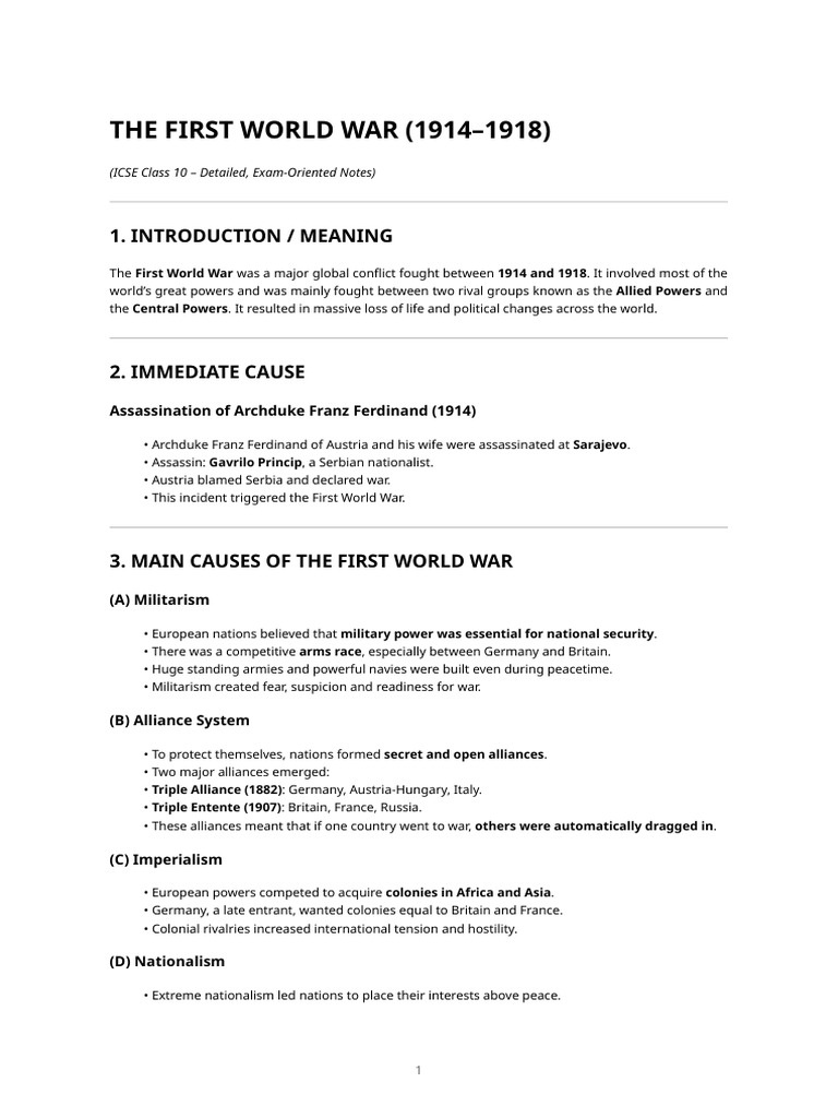 The First World War (1914-1918) - Complete Detailed Notes | PDF ...