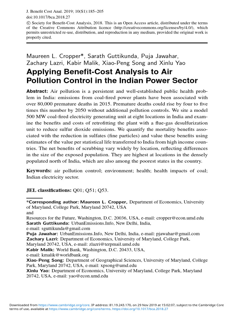 Benefit-Cost Analysis of Air Pollution Control in India | PDF