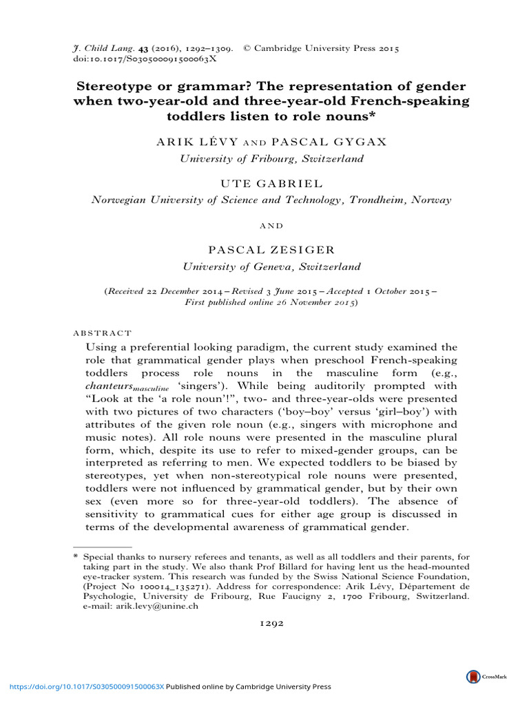 Gender Representation in French Toddlers | PDF | Grammatical Gender ...