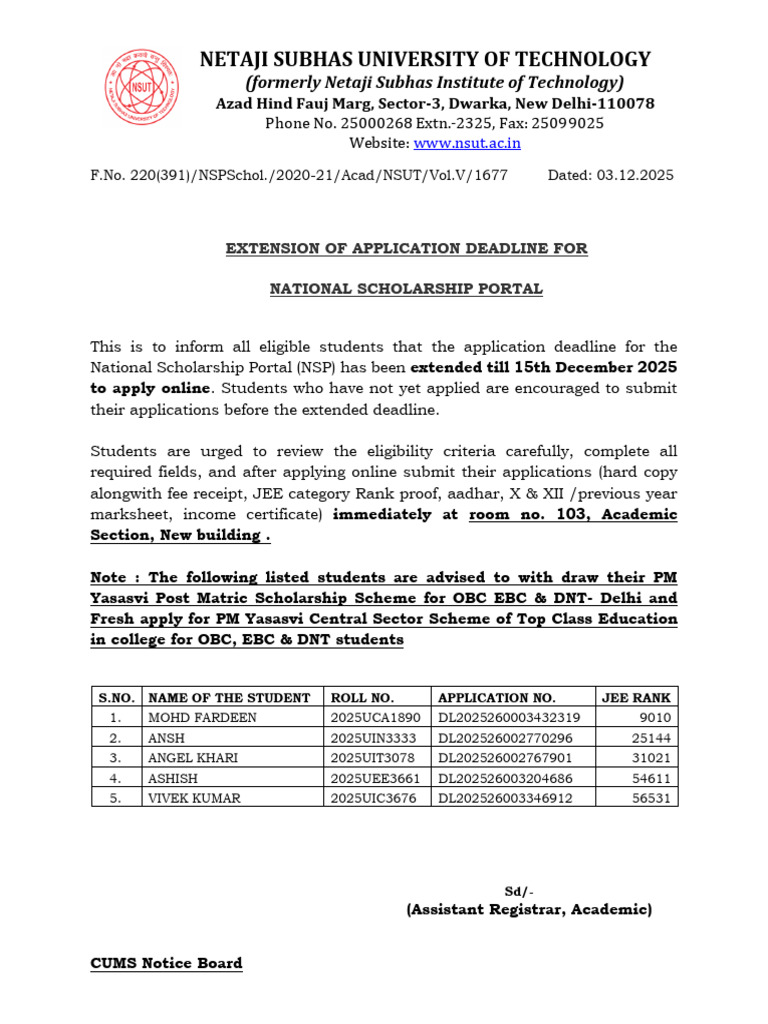 NSP Application Deadline Extended to Dec 15 | PDF