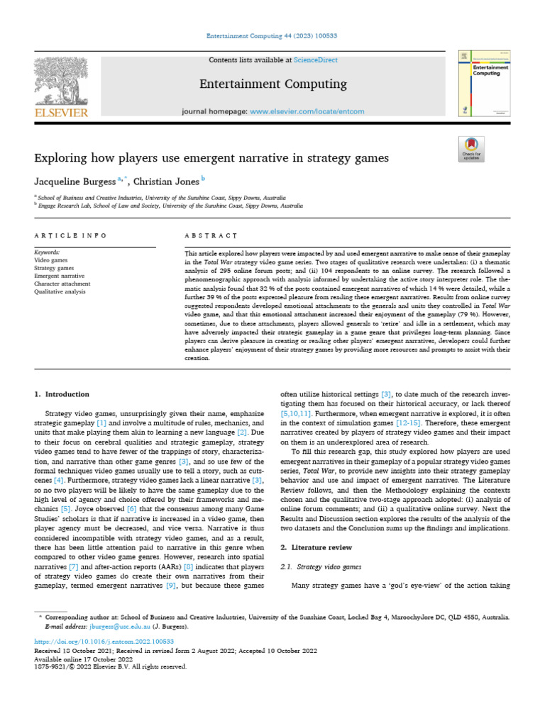 Emergent Narratives in Strategy Games | PDF | Qualitative Research