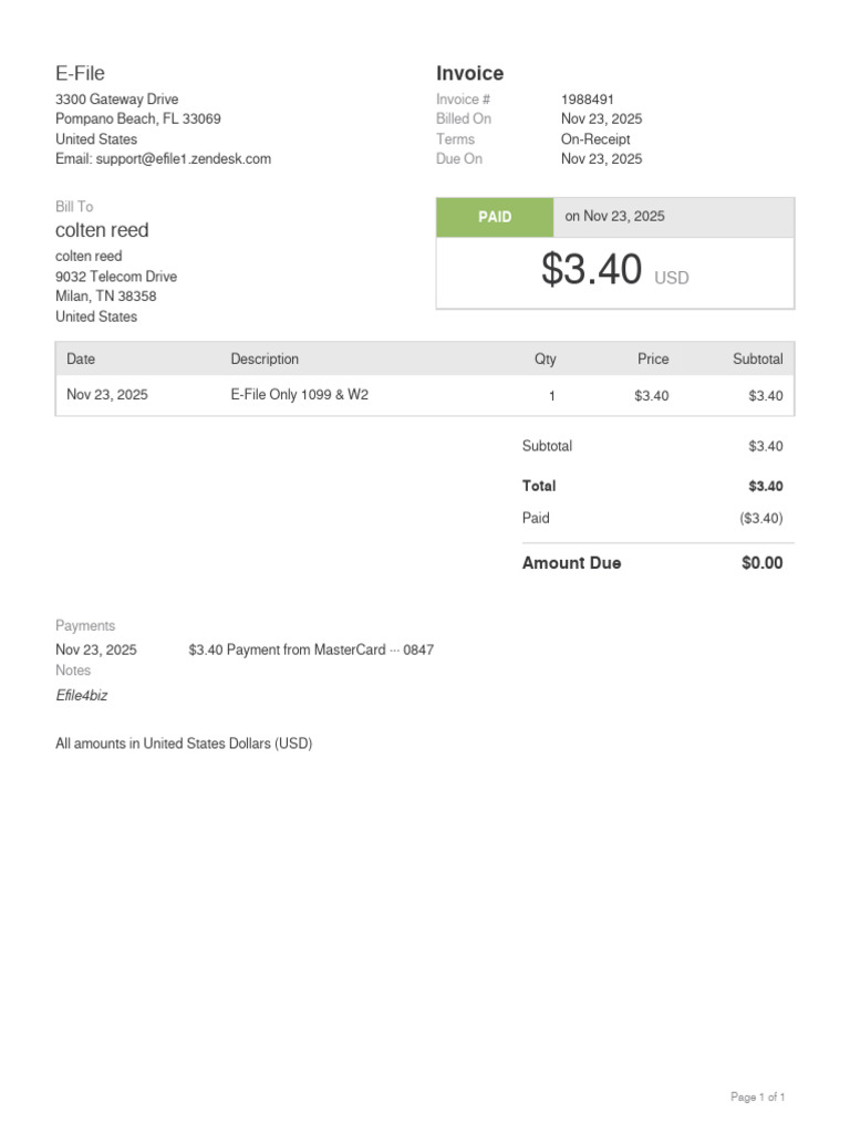 E-File Invoice for 1099 & W2 Services | PDF