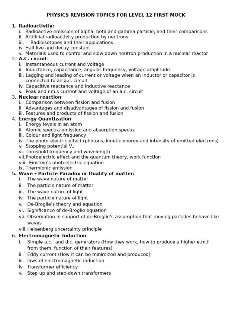 Level 12 Physics Revision Topics | PDF