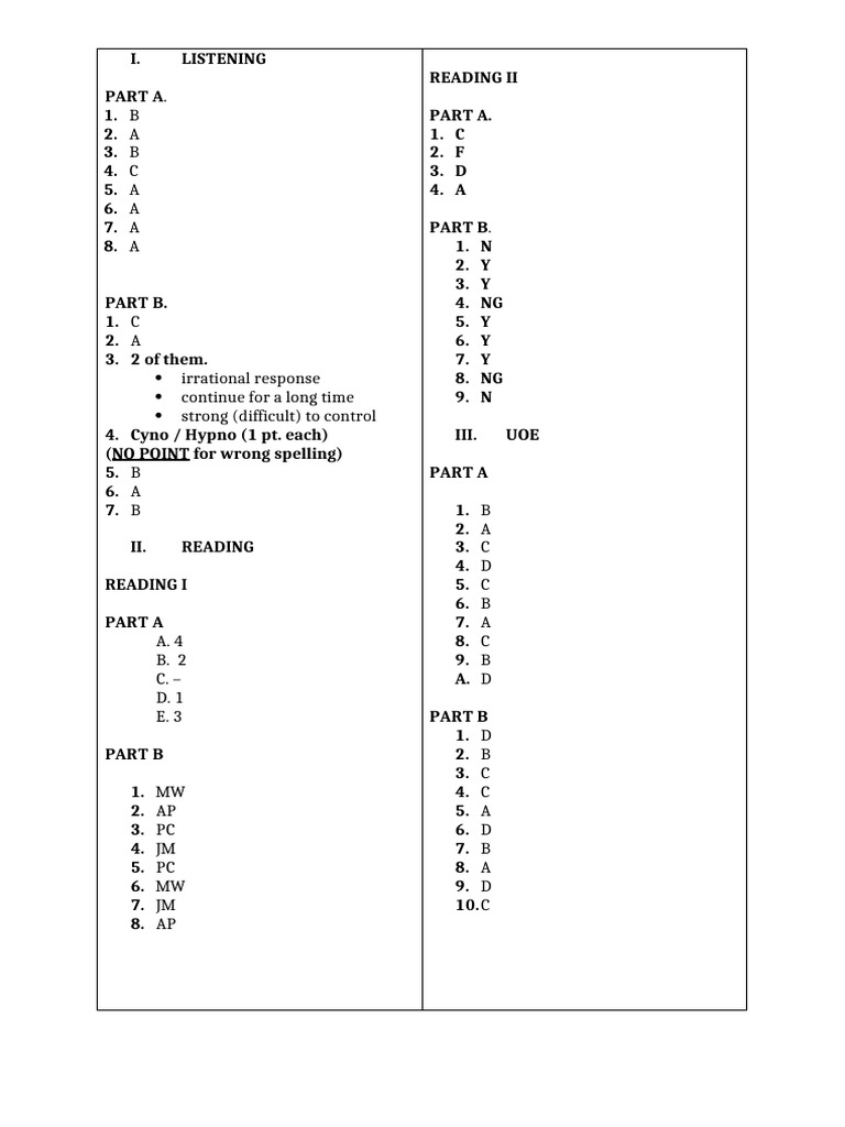 Sample Proficiency Exam Answer Key | PDF