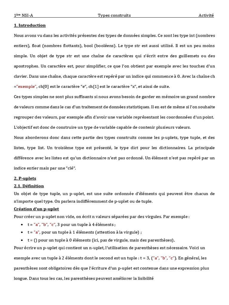 Types construits en Python : P-uplets et listes | PDF | Booléen | Virgule